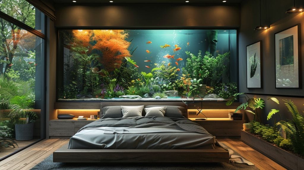 Modern bedroom with large fish tank