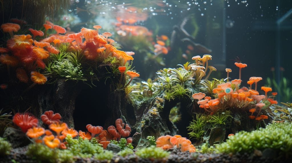 Nano aquarium with colorful shrimp and invertebrates