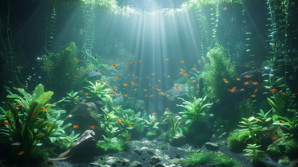 Peaceful fish swimming in a natural-looking freshwater aquarium with live plants.
