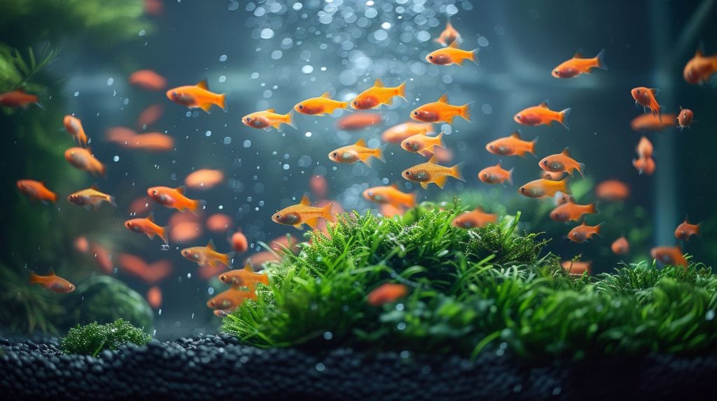 Peaceful nano aquarium with small fish and plants