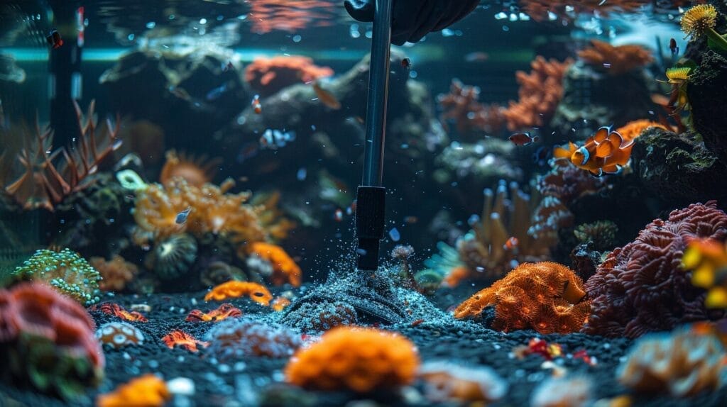 Person cleaning aquarium with gravel vacuum, scrubber, and adding fresh saltwater.