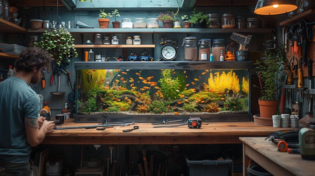 Person crafting fish tank stand