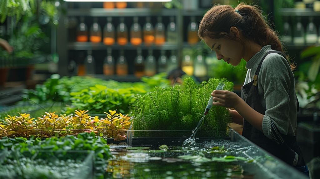 Person testing water, using siphon, adding plants in fish tank