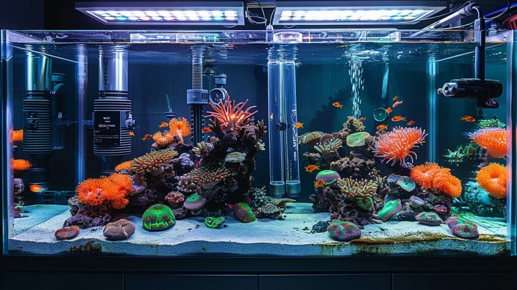 Saltwater fish tank with labeled sump filtration, protein skimmer, and auto top-off unit.