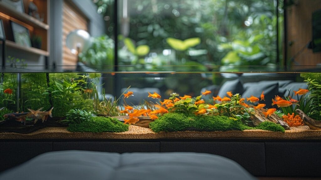 Sleek fish tank in a minimalist living room with colorful fish and plants.
