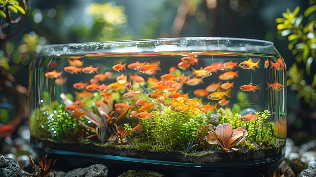 Sleek glass aquarium with neon tetras, lush plants, and a gentle bubbling filter.