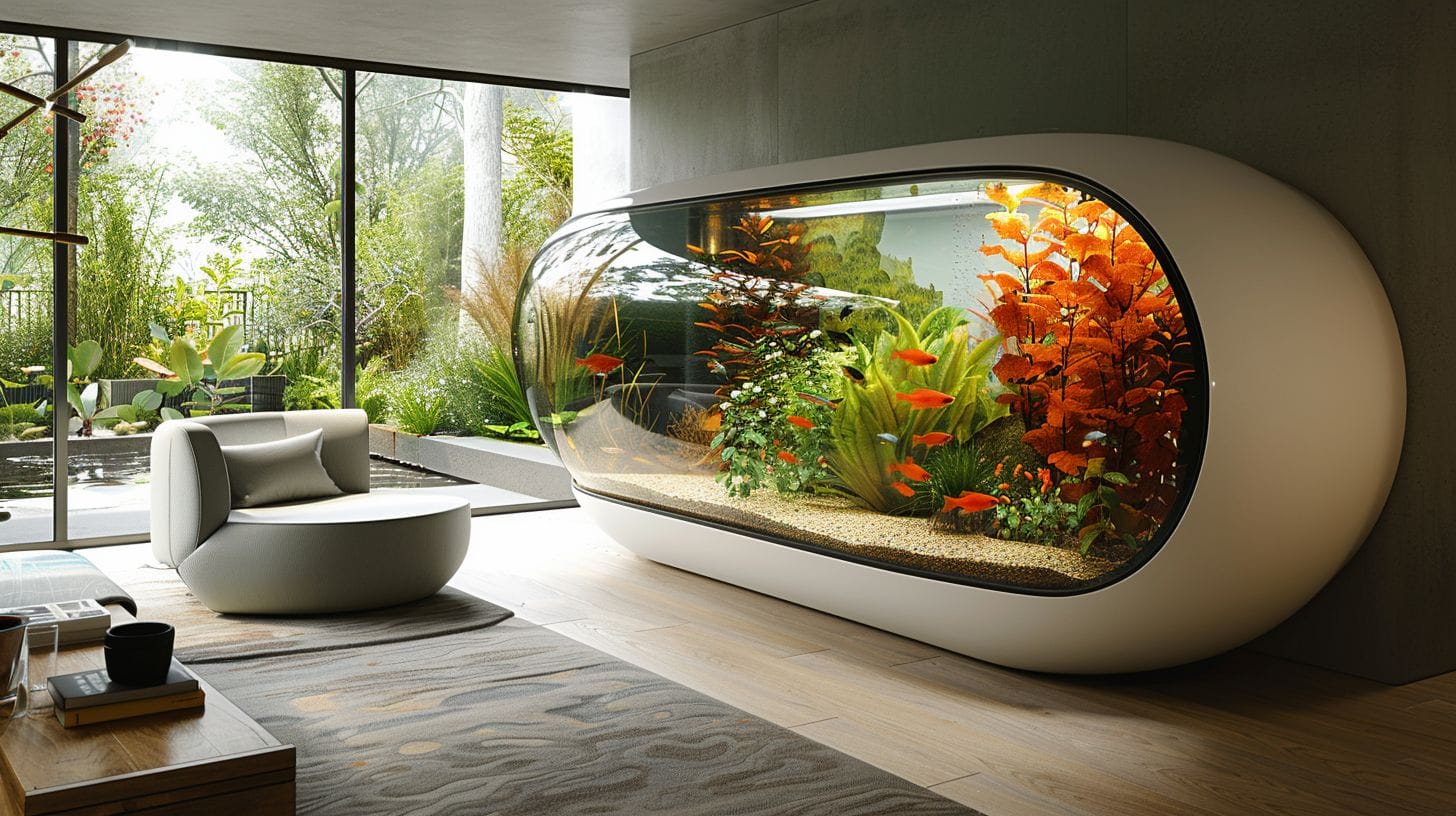 Sleek, modern fish tank with vibrant plants, clear water, and colorful fish without traditional filters