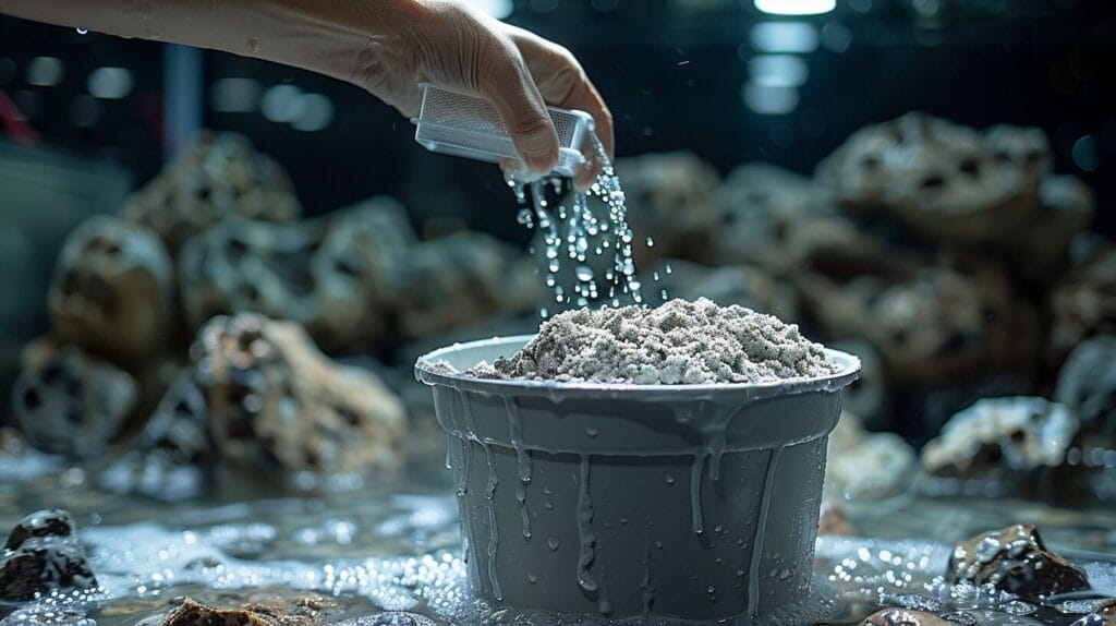 Step-by-step process of washing and preparing play sand for a fish tank.