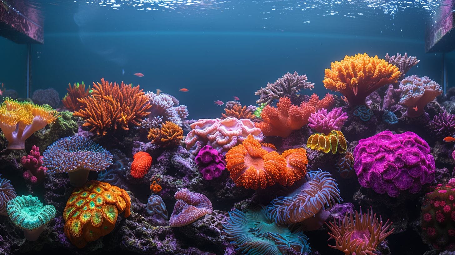 Vibrant SPS coral reef aquarium with diverse corals under bright light