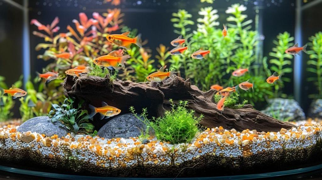 Neon Tetra Fish Tank Setup featuring Vibrant, densely planted aquarium with neon tetras and soft, subdued lighting.