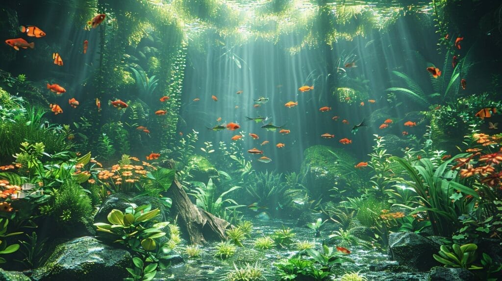 Vibrant freshwater aquarium with colorful fish and lush greenery