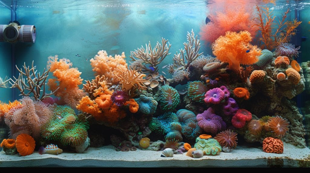 Vibrant, healthy reef tank with diverse corals, clear water, and a UV sterilizer