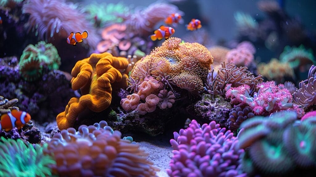 Vibrant reef aquarium with coral, fish, and diver performing maintenance.