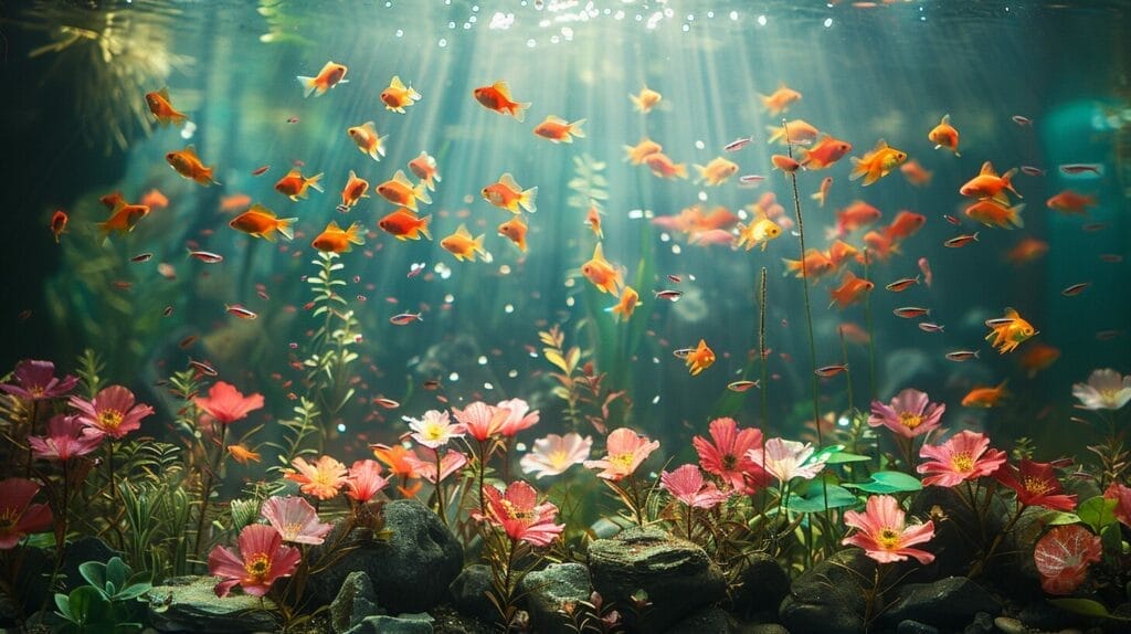 A colorful aquarium filled with lush plants, air stones producing bubbles, and fish swimming blissfully in the oxygen-rich environment.