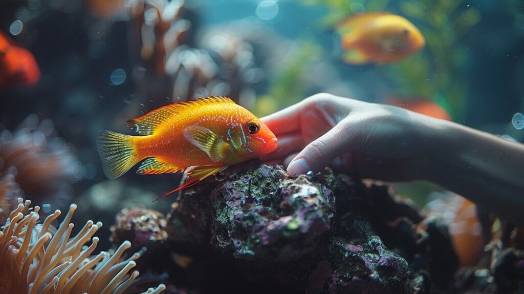 Aquarium with hand-painted rocks and colorful aquatic life.