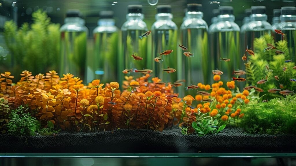 Aquarium with healthy plants and fish, surrounded by various bottles of bacteria starters.