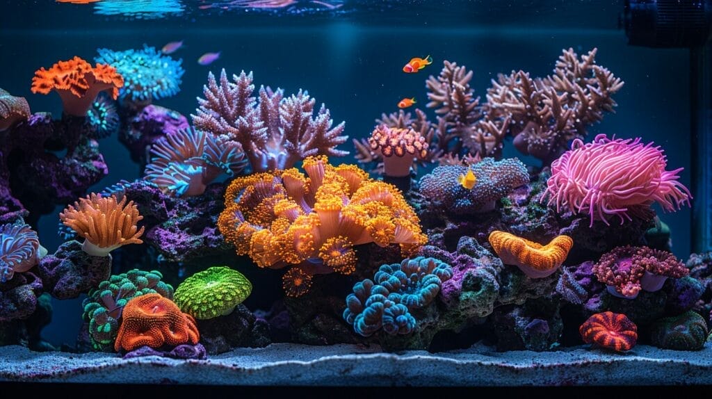 Aquarium with multi-colored Montipora corals in various locations and fish.