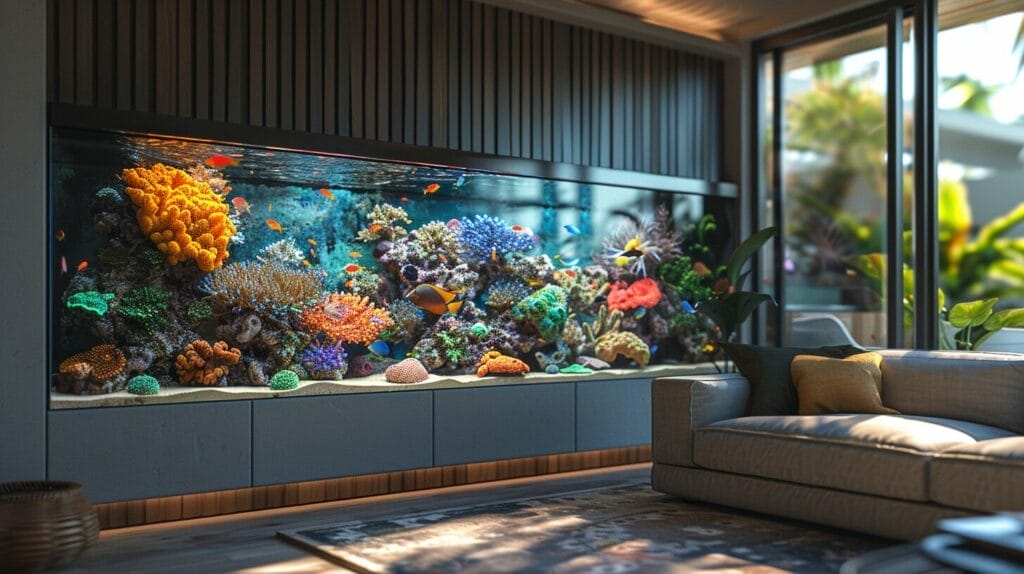 Bookshelf with integrated modern aquarium and lush greenery.