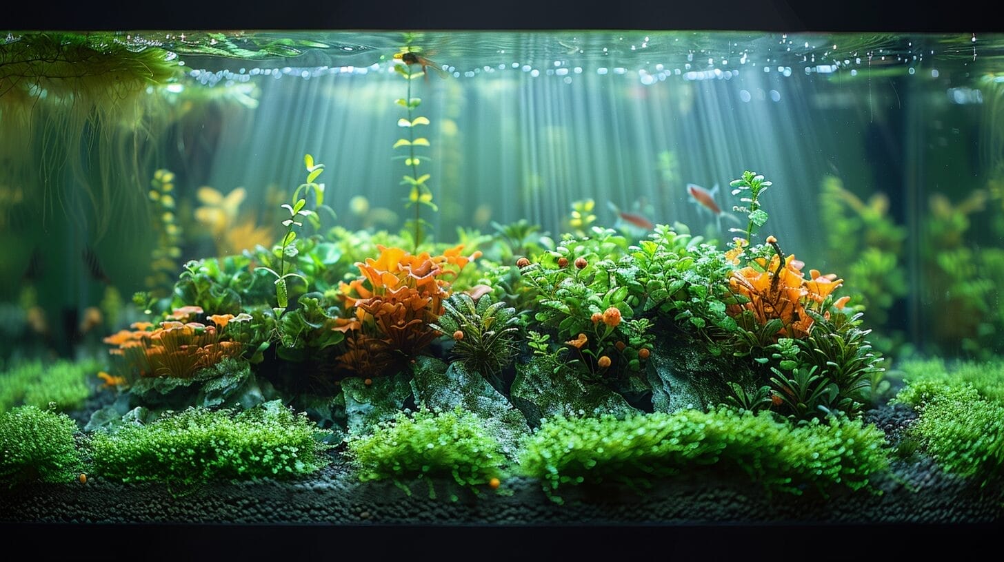 Clear aquarium under UV light with vibrant green algae versus algae-free tank.