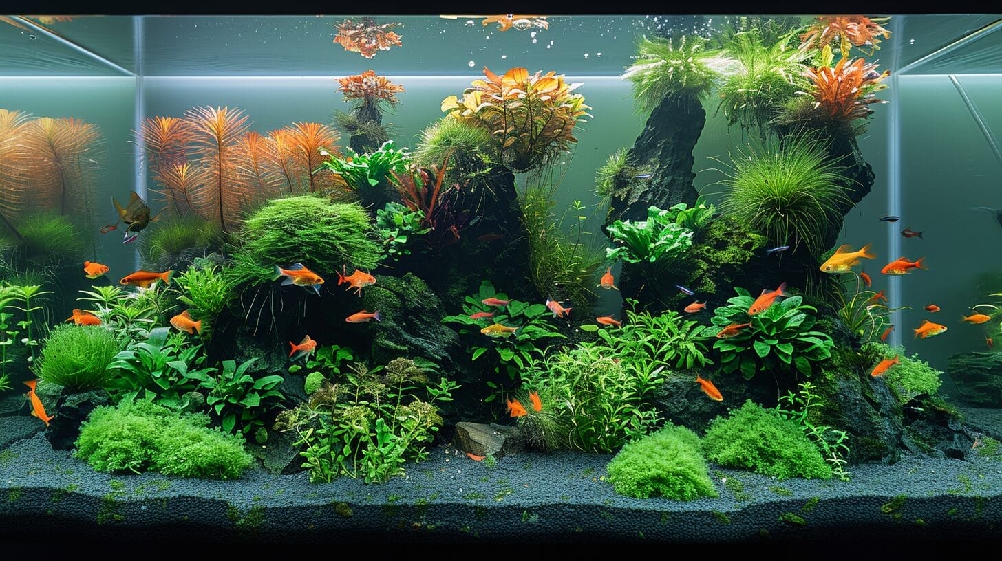 Colorful aquarium with clear water, green plants, swimming fish, and visible bacteria colonies.