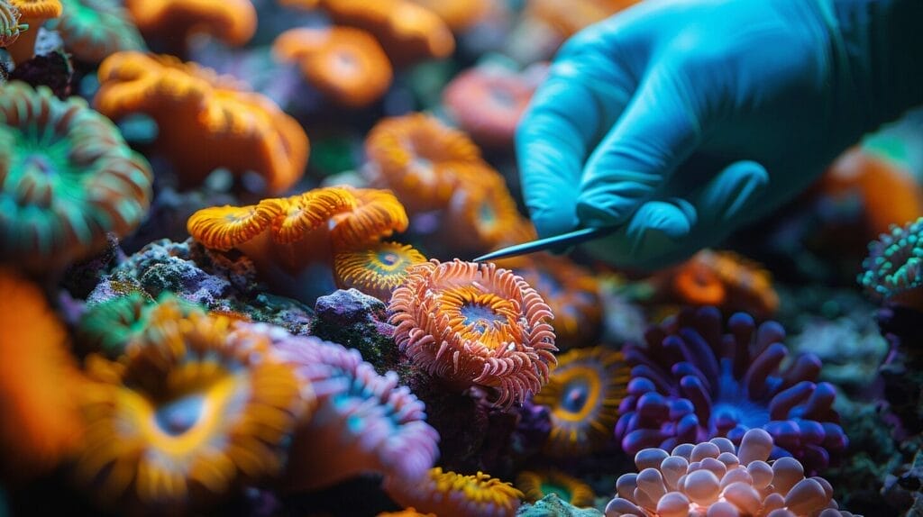 Colorful reef tank, aquarist removing bristle worms.