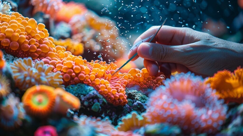 Coral reef tank, hand removing colorful fireworms.