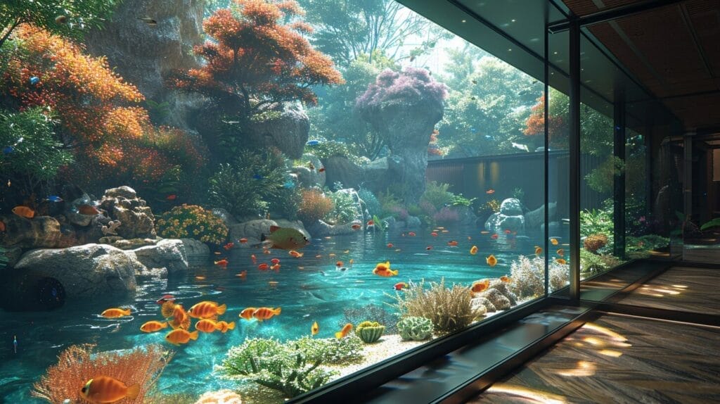 Crystal-clear fish tank with colorful fish, lush plants, and meticulous maintenance.