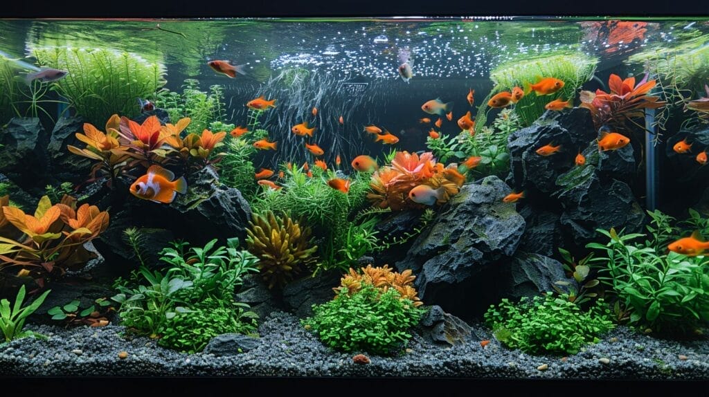 DIY aquarium with live plants and diverse fish.