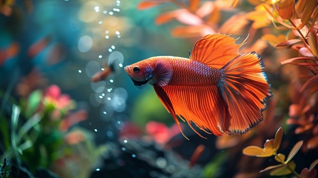 Happy Betta fish in a crystal-clear tank with sleek filter, colorful plants, smooth gravel, and cozy hiding spot.