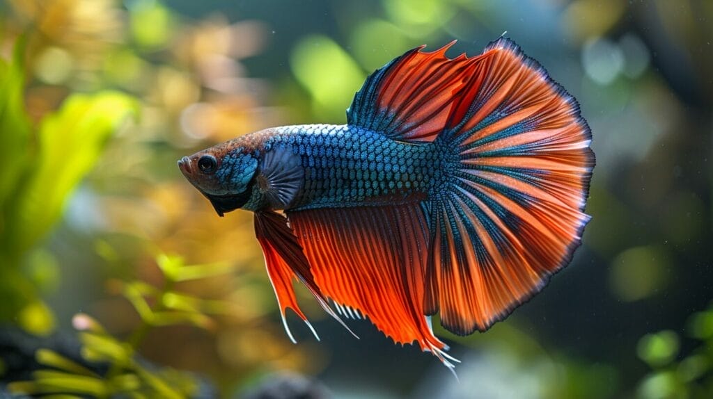 Healthy, vibrant Betta fish in a spacious aquarium with live plants and hiding spots, eagerly eating high-quality food.