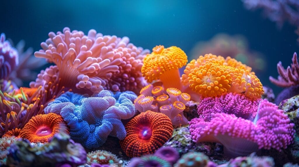 Image of a vibrant reef tank showcasing various healthy LPS corals and care techniques.