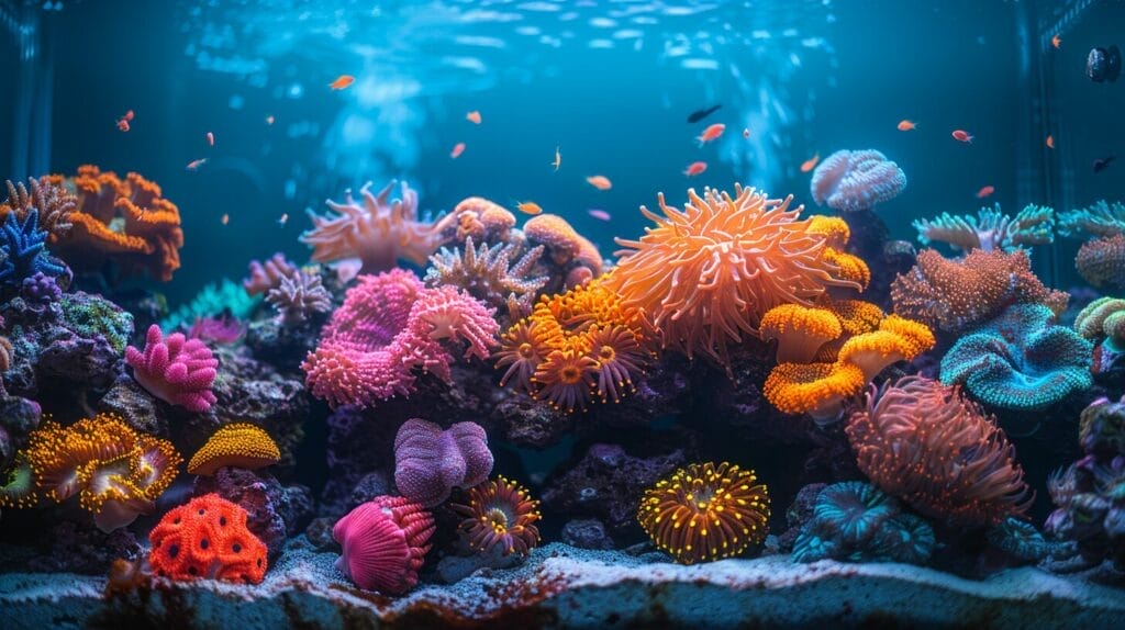 Image of a vibrant reef tank with LPS corals and examples of common issues.