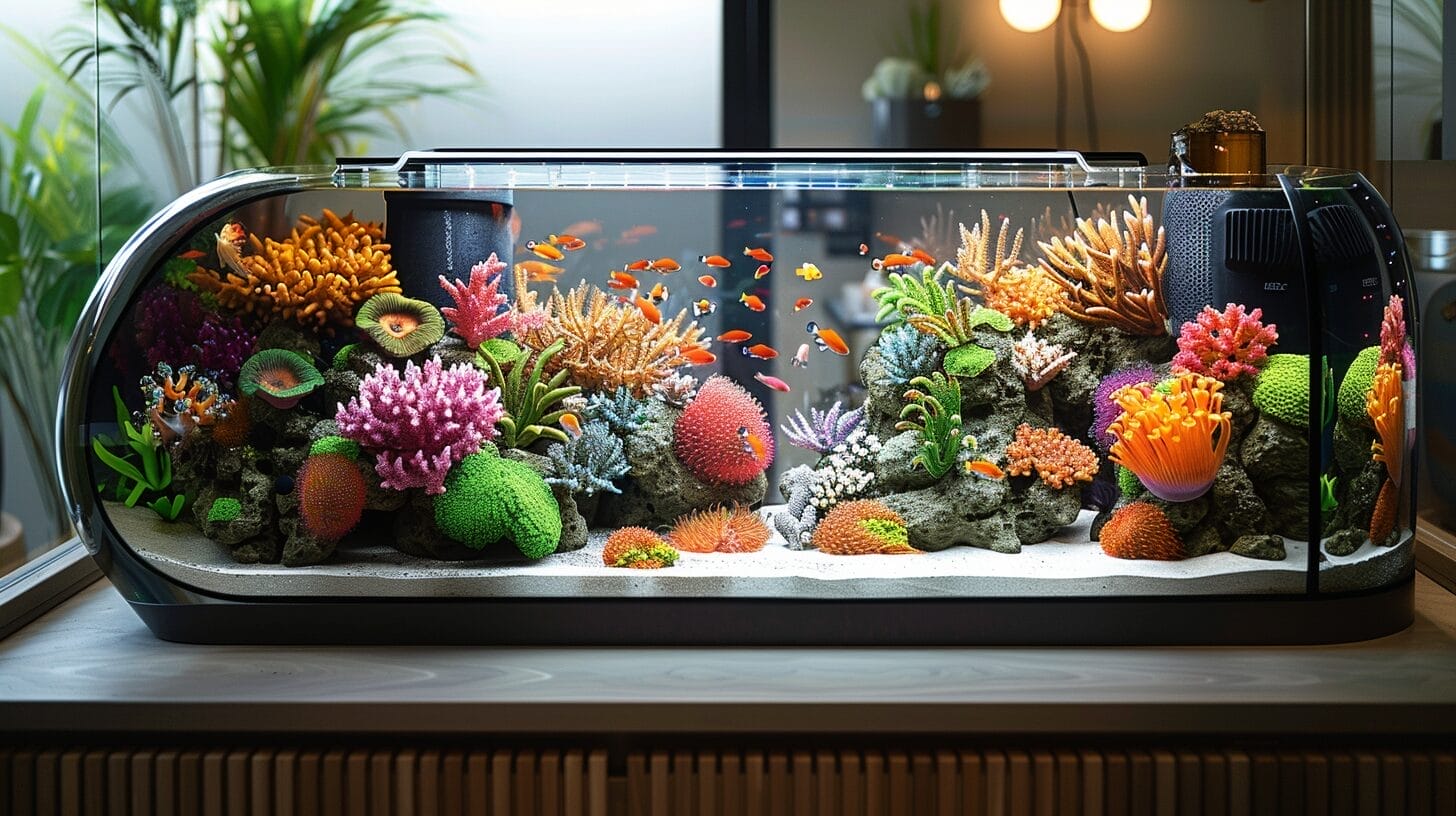 Modern aquarium with vibrant coral, colorful fish, and unique decor.