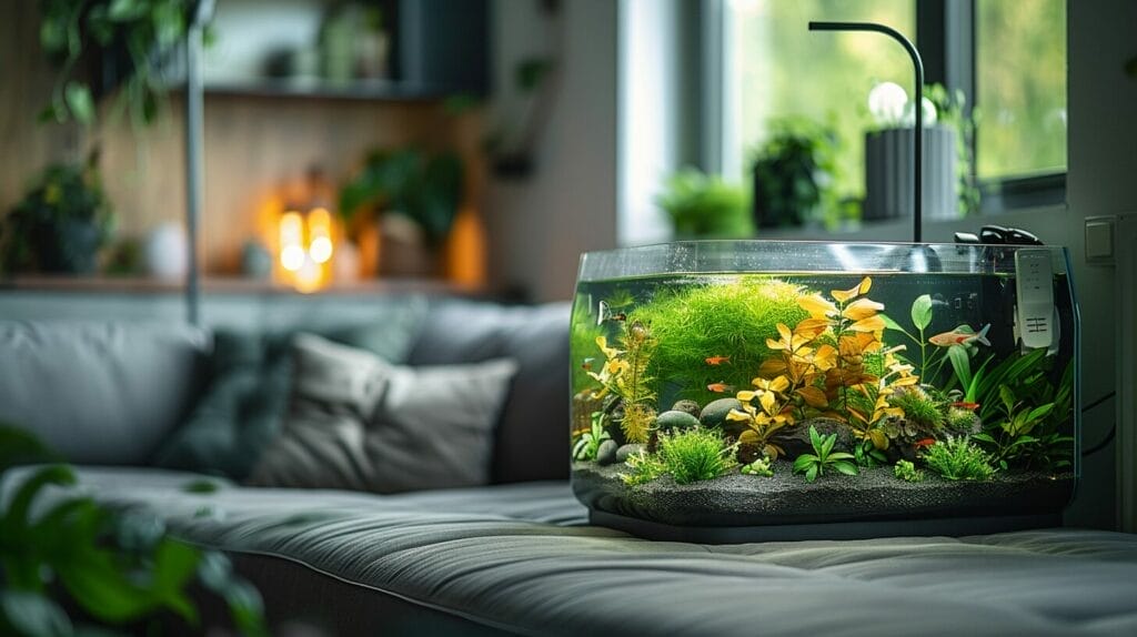 Modern fish tank in minimalist living room with unique lighting and vibrant plants.