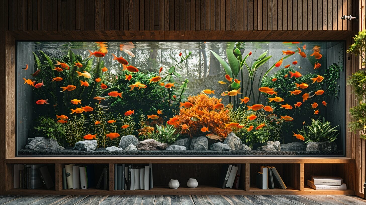 Modern shelving unit with integrated vibrant aquarium.