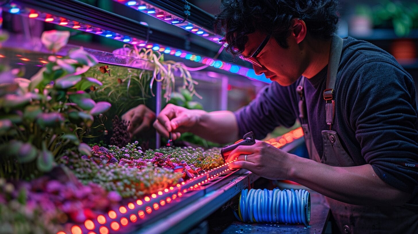 Person soldering LED lights for aquarium.