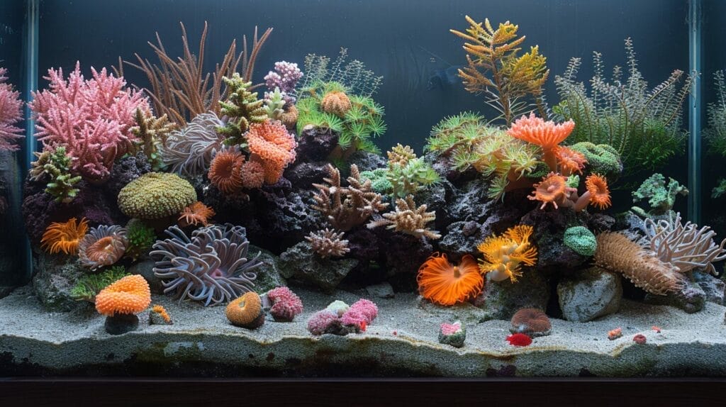 Reef aquarium with diverse Montipora corals in optimal conditions.