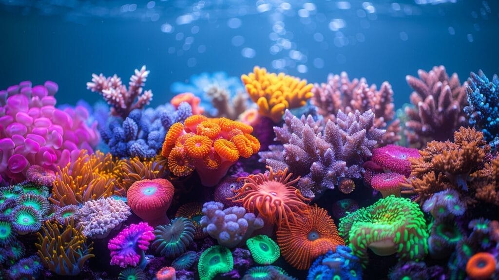 Reef tank filled with diverse and colorful LPS corals
