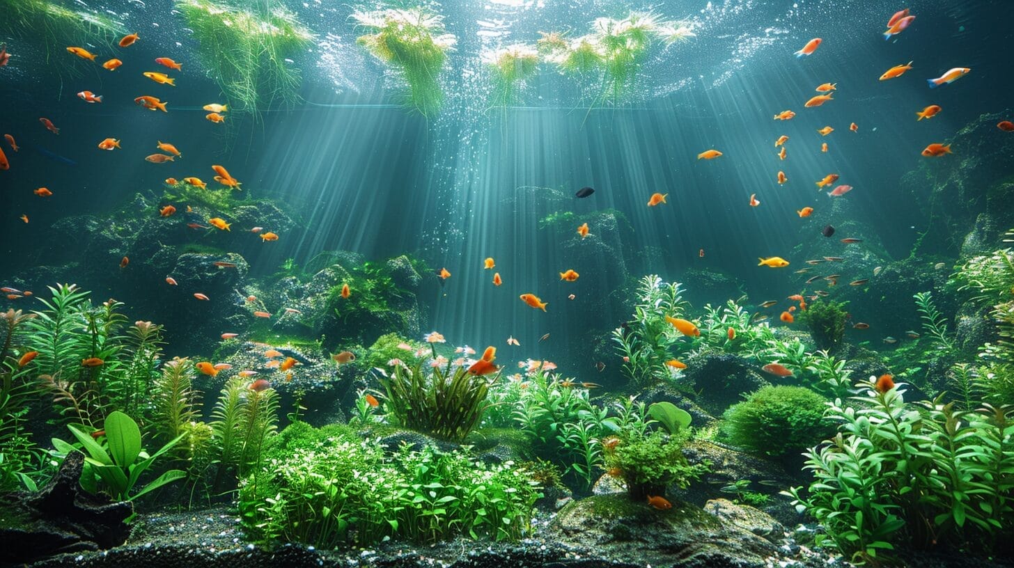 Serene aquarium, clear water, lush green plants, colorful fish, algae control.