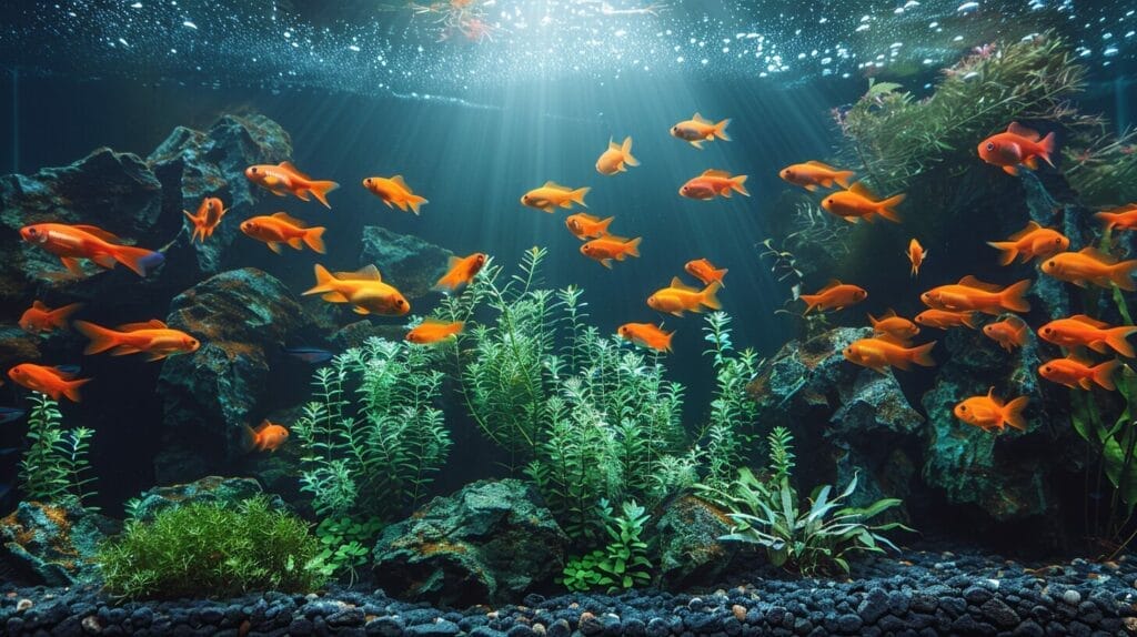Serene aquarium, clear water, vibrant plants, natural algae elimination, diverse fish and rocks.