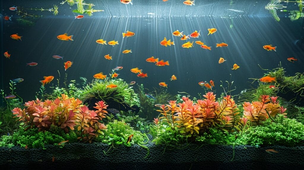 Serene aquarium, diverse aquatic plants and fish, balanced ecosystem, algae-free.