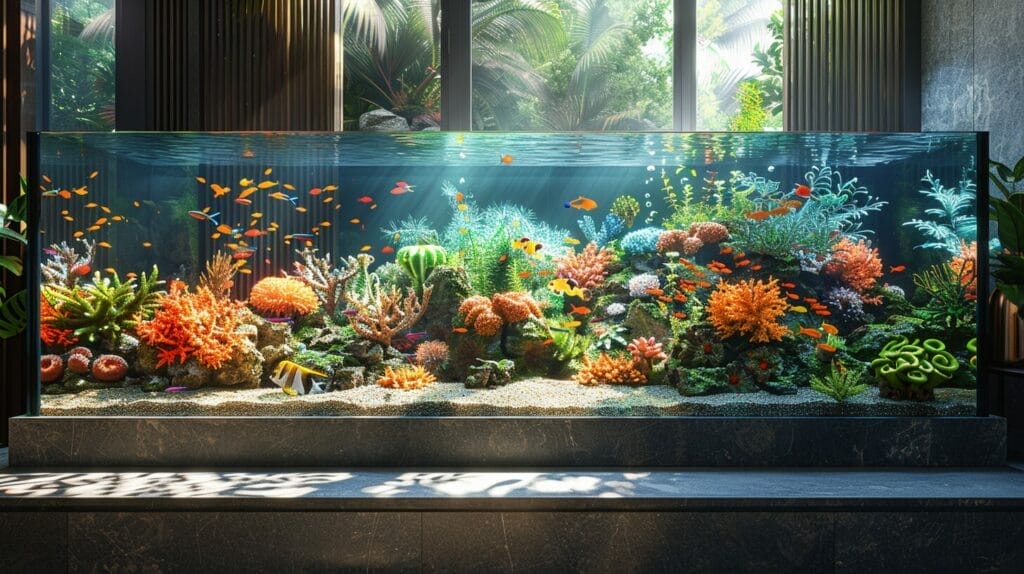 Sleek aquarium with vibrant fish, green plants, colorful coral, and elegant lighting.