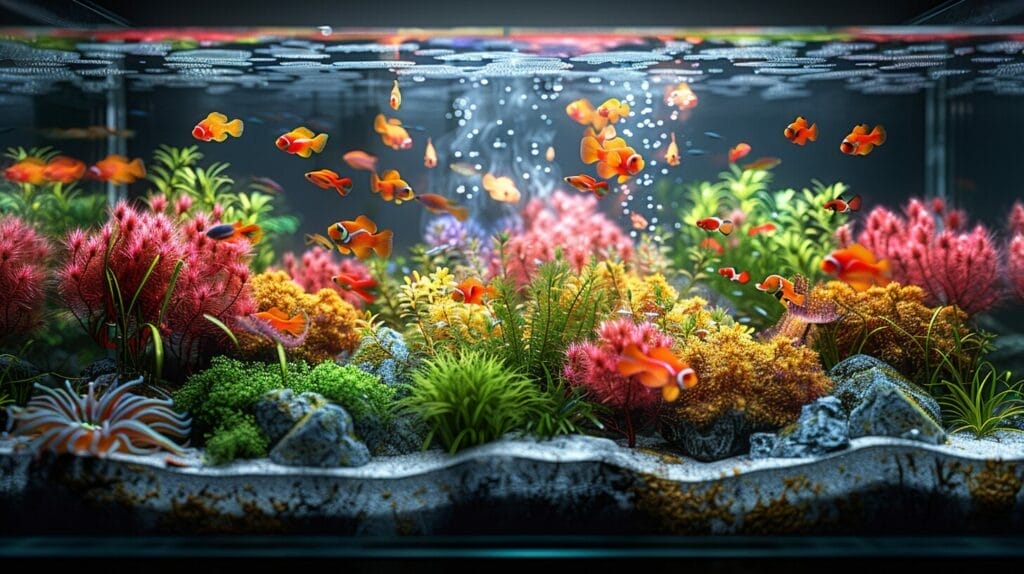 Sleek modern fish tank with vibrant coral, colorful fish, and intricate decorations.