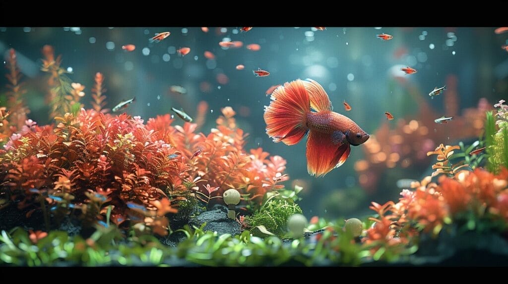 Stimulating Betta fish aquarium with live plants, floating toys, small mirror, and a colorful Betta swimming joyfully.