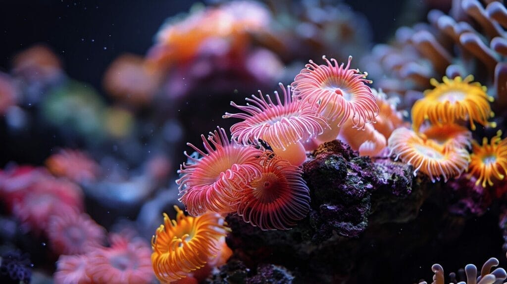 Vibrant coral tank, bristle worm causing damage.