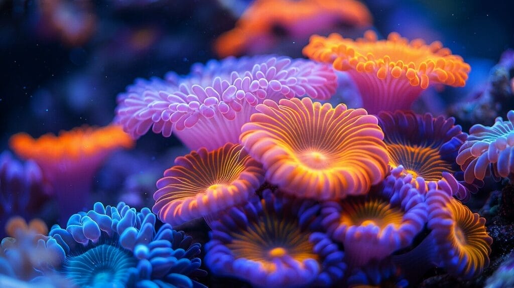 Vibrant image of various LPS corals in a colorful reef tank.
