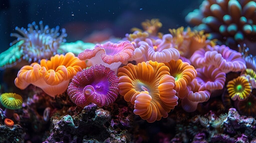 Vibrant reef tank with a variety of colorful, easy-to-care-for LPS corals.
