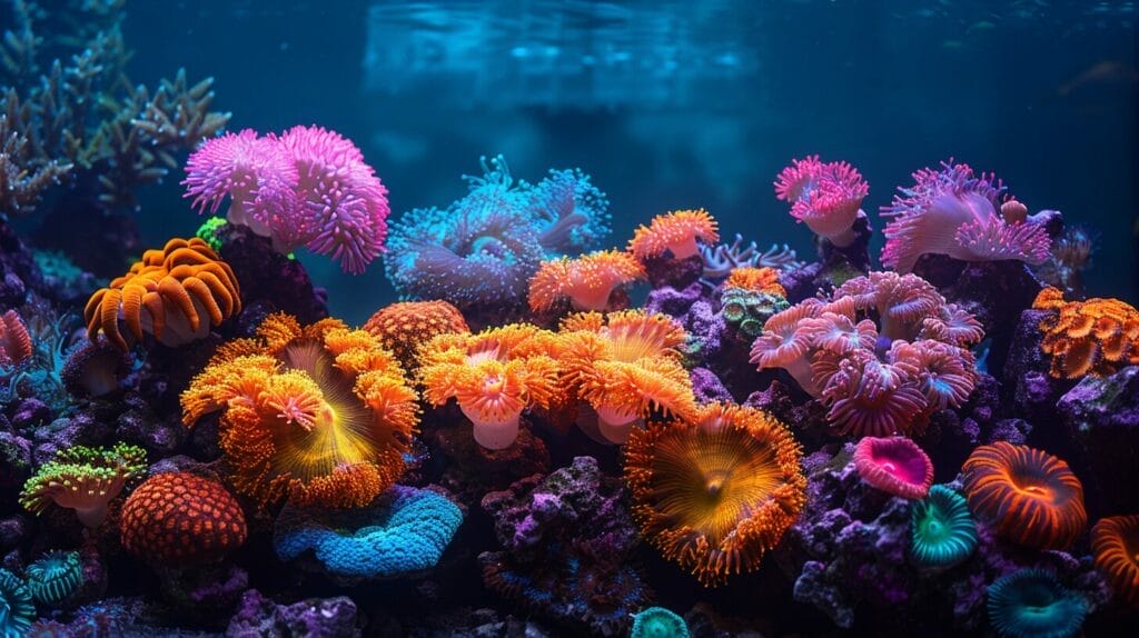 a vibrant aquarium with Montipora coral strategically placed in the foreground