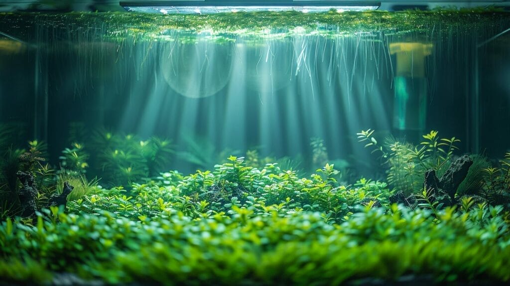  aquarium filled with vibrant green algae-infested water, with a UV light sterilizer hovering above,