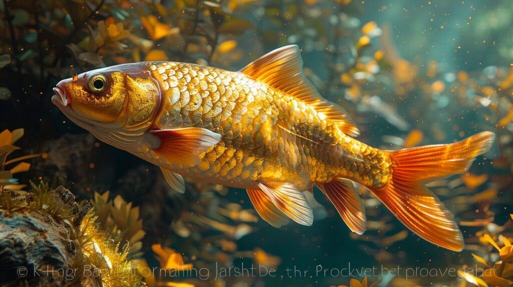 A Golden Dorado fish swimming in clear water, surrounded by green foliage and underwater plants.